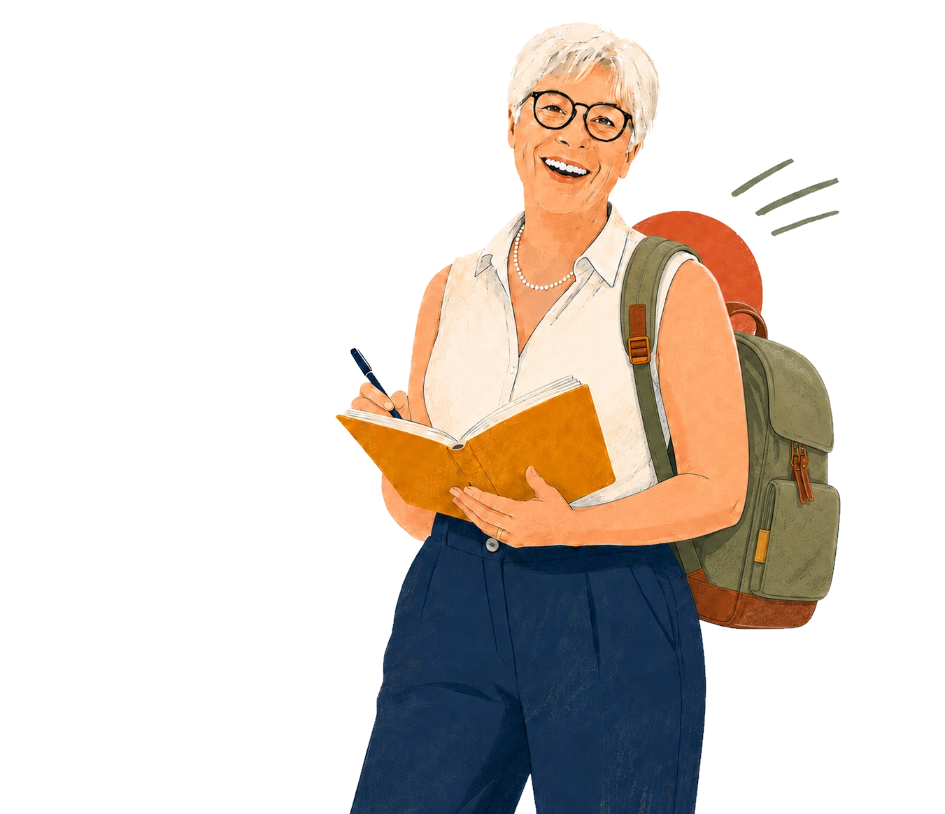 Illustration de Véro, carnet de voyage et stylo à la main